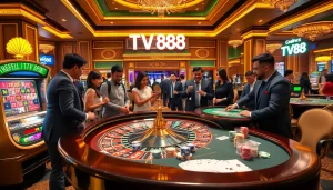 Players enjoying gaming excitement at TV88's luxury casino tables, with vibrant action and atmosphere.