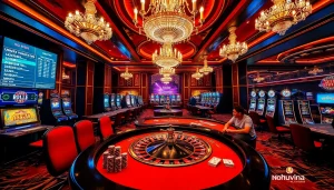 Experience the thrill of gambling at nohuvina.com with players betting at a luxurious casino table.