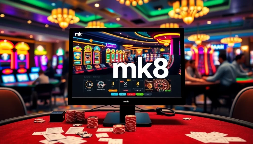 Players engaging with an exciting online gambling experience at ทางเข้า mk8 featuring slot machines and casino tables.