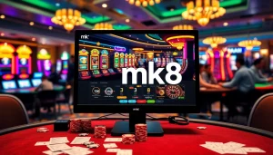 Players engaging with an exciting online gambling experience at ทางเข้า mk8 featuring slot machines and casino tables.