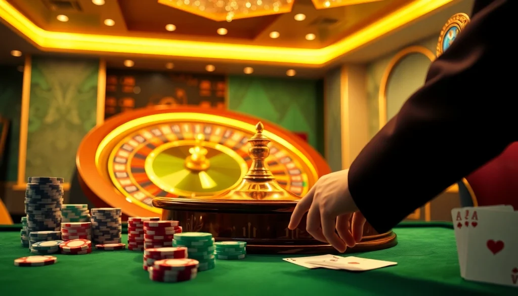 Experience vibrant online gambling at https://lv88seo.com/ with an elegant casino scene showcasing poker chips and cards.