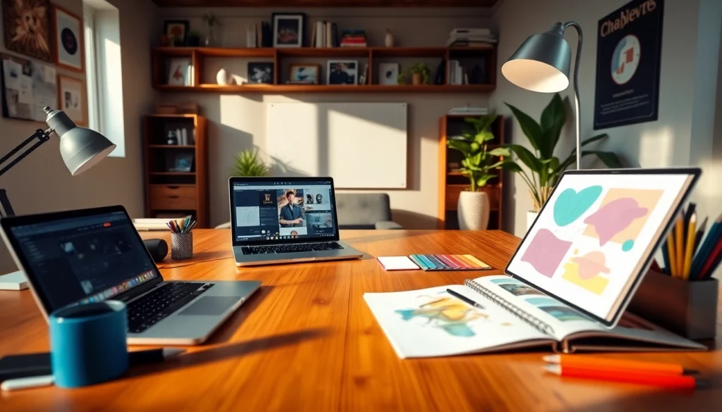 Dynamic workspace showcasing MMOO-themed creativity with sleek desk, vibrant colors, and artistic tools.