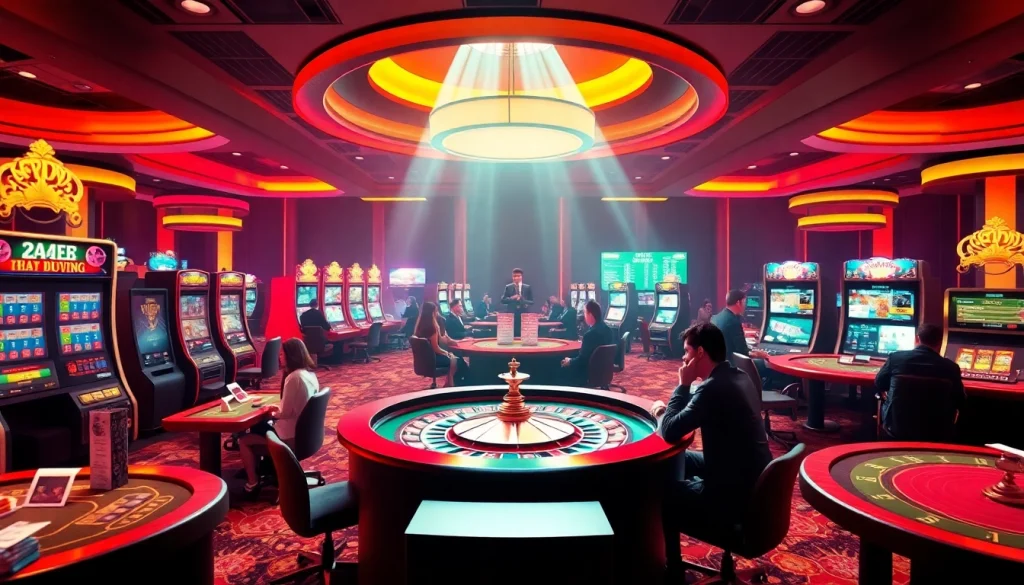 Exciting casino scene showcasing Link vào Haywin with thrilling slot machines and poker action.