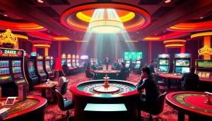 Exciting casino scene showcasing Link vào Haywin with thrilling slot machines and poker action.