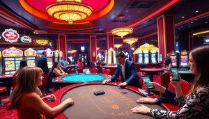 Người chơi hào hứng tận hưởng bầu không khí sôi động khi sử dụng ứng dụng BetVIP tại một casino sang trọng.