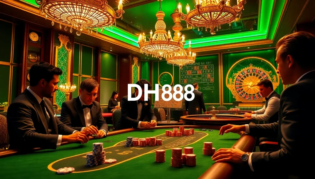 Excited players engaging at a luxurious poker table in a casino, highlighting DH88-themed decor.
