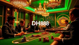 Excited players engaging at a luxurious poker table in a casino, highlighting DH88-themed decor.