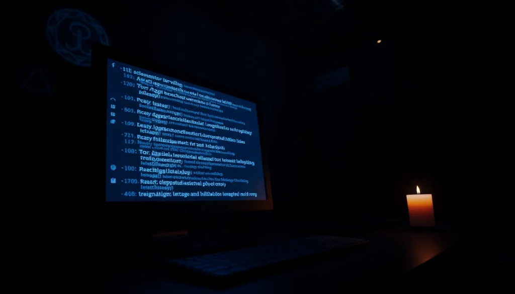 Explore the hidden wiki of the dark web, showcasing mysterious onion links and cryptic symbols in a captivating digital scene.