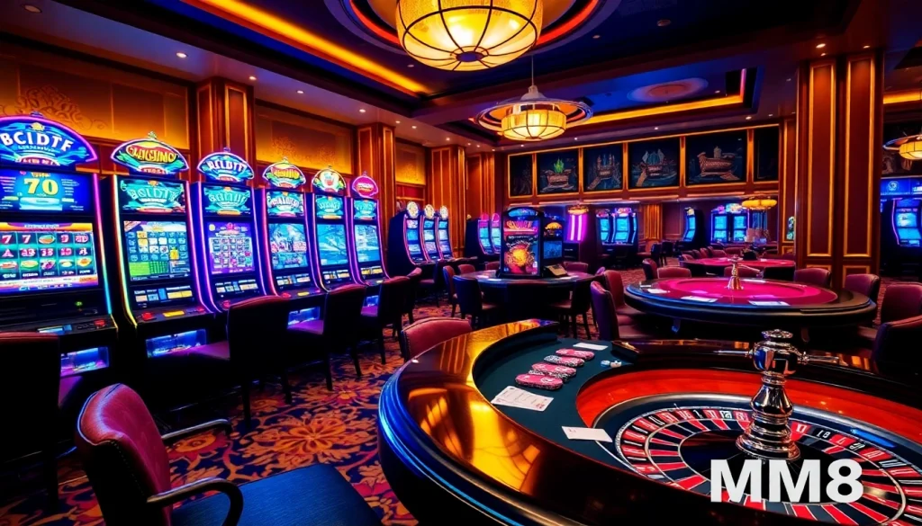 Exciting MM88 gambling scene with vibrant slot machines and poker table capturing luxury and thrill.