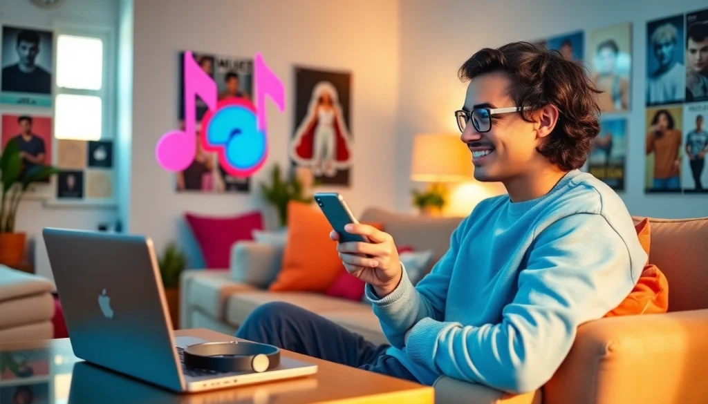 Sharing Apple Music Replay 2023 playlist on social media, vibrant living room.