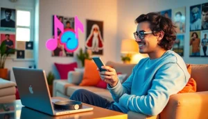 Sharing Apple Music Replay 2023 playlist on social media, vibrant living room.