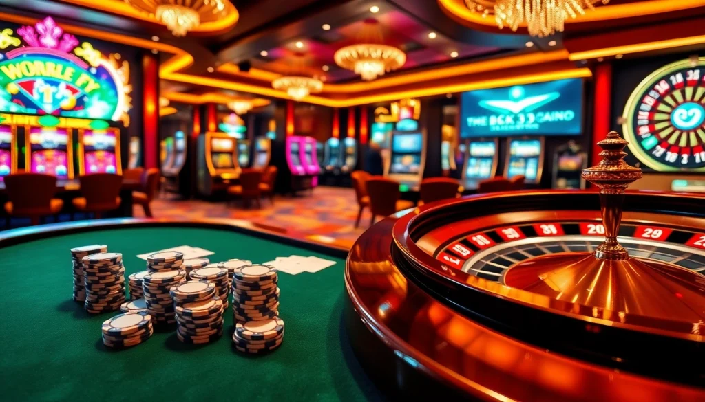 Engage in the excitement of Bk33 casino with luxurious poker chips and vibrant slot machines.