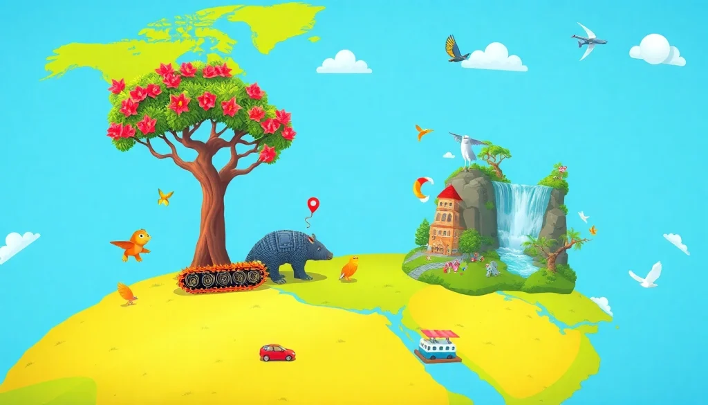 Curiosidades fascinantes sobre o mundo, ilustradas em um mapa-múndi vibrante com ícones lúdicos e curiosidades