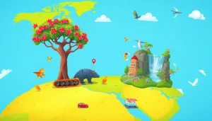 Curiosidades fascinantes sobre o mundo, ilustradas em um mapa-múndi vibrante com ícones lúdicos e curiosidades