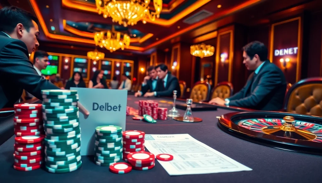 Players strategizing at a poker table showcasing debet practices in a luxurious casino setting.