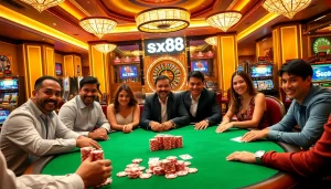 Players enjoying a high-stakes poker game at sx88 casino, surrounded by vibrant poker chips and slot machines.