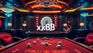 Experience the thrill of xx88 gaming at a luxurious casino table with vibrant chips and an exciting dealer.