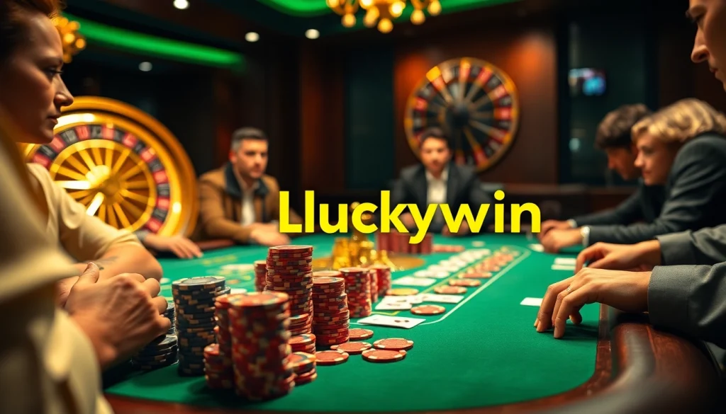 High-stakes players strategize at a Luckywin casino table with poker chips and roulette.