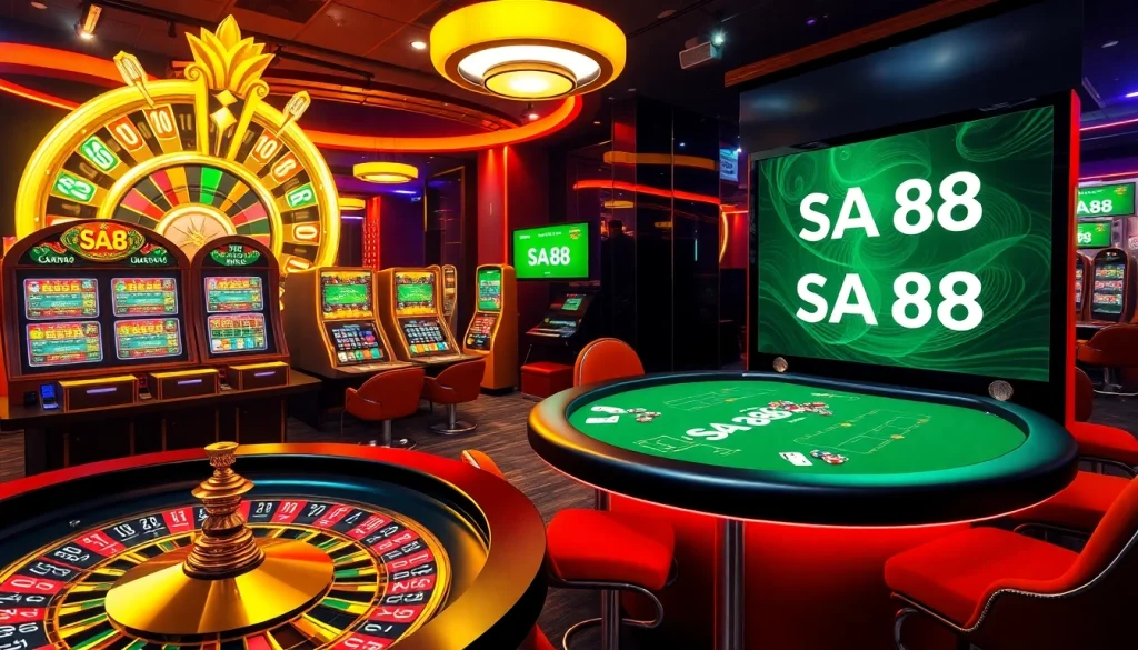 Experience the thrill of online gambling at SA88 with vibrant casino visuals of roulette and slot machines.