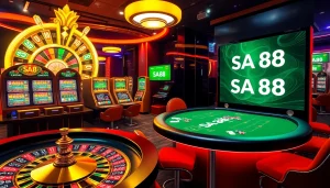 Experience the thrill of online gambling at SA88 with vibrant casino visuals of roulette and slot machines.