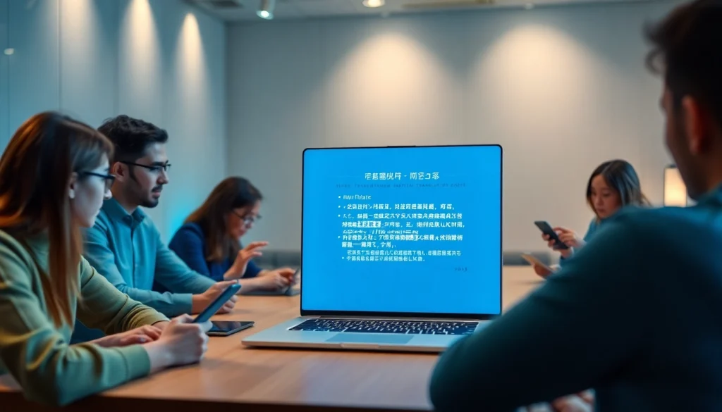 Dynamic workspace showcasing 有道翻译 in action with diverse users around a laptop.