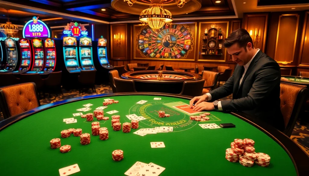 Players enjoying an exciting gaming experience at u 888 casino tables with vibrant chips and cards.