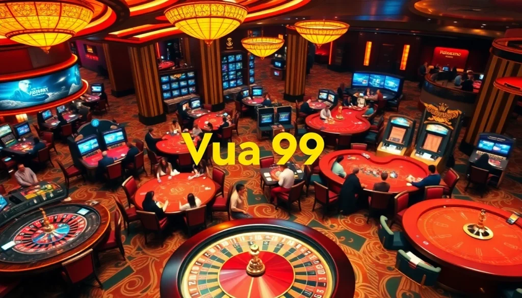 Experience the excitement of Vua 99 with players engaged at vibrant casino tables.