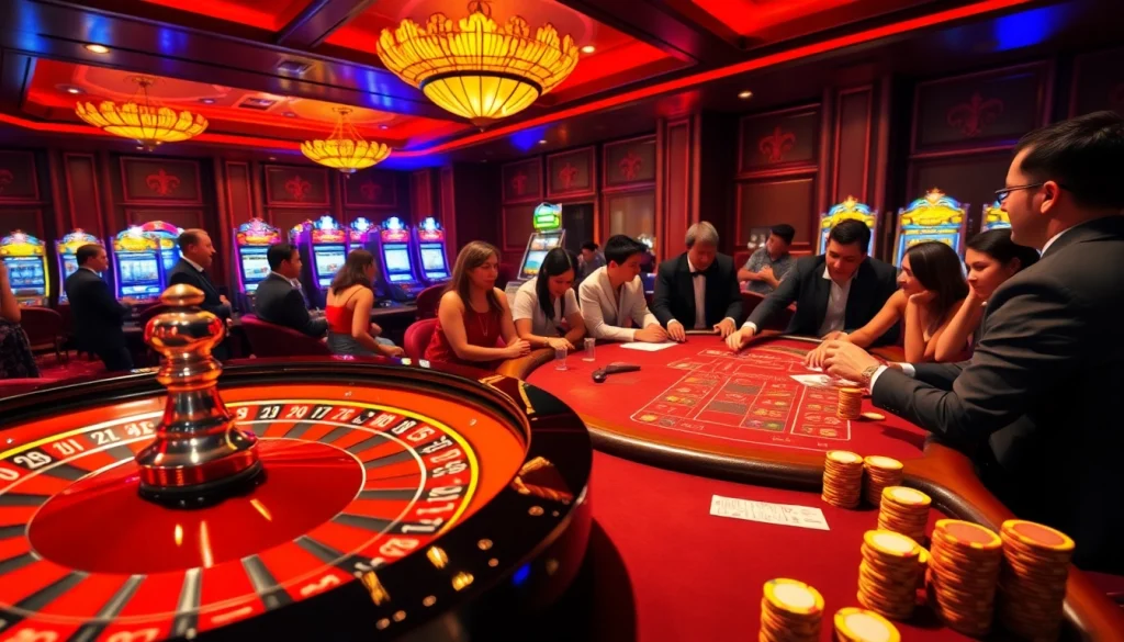 Exciting gambling atmosphere at Nhà Cái Uy Tín with roulette, blackjack, and vibrant slot machines.