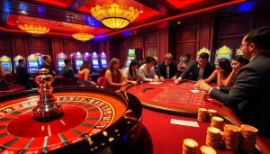 Exciting gambling atmosphere at Nhà Cái Uy Tín with roulette, blackjack, and vibrant slot machines.
