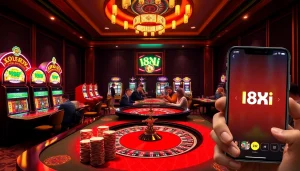 Experience the excitement of online betting with link 88i displayed on a smartphone at a vibrant casino scene.