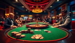 Players engage in exciting games at a high-stakes rikvip casino table with poker chips and cards.
