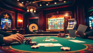 KJC poker players engaging with vibrant cards and chips at a luxury casino.