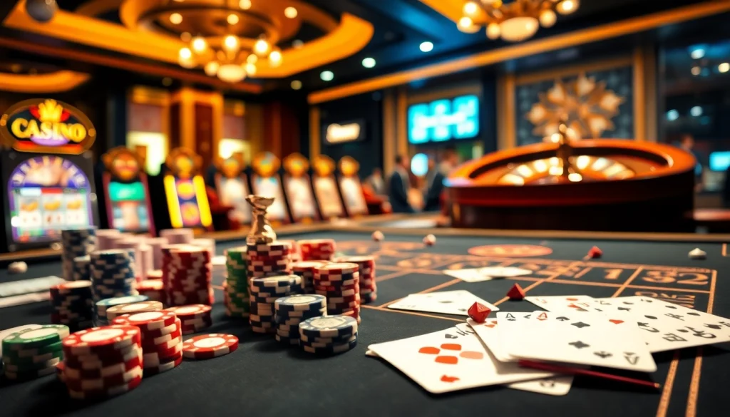 Experience thrilling games at uu88.com featuring poker chips, dice, and a vibrant roulette wheel.