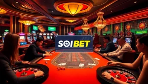 Players enjoying a lively game at SOIBET's vibrant casino with professional dealers and exciting gambling action.