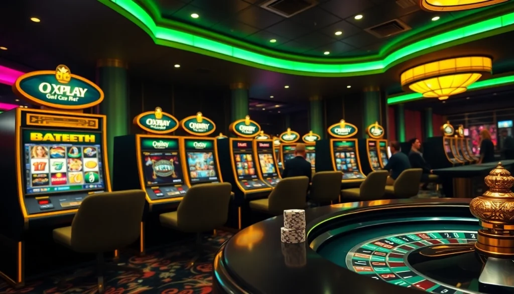 Experience the thrill of Oxplay slot games with vibrant scenes of casino excitement and luxurious visuals.