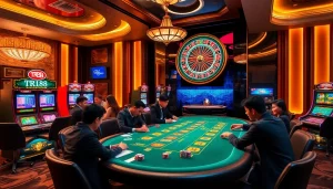 Experience the excitement of TR88 with a vibrant casino scene featuring high-stakes poker and slot machines.