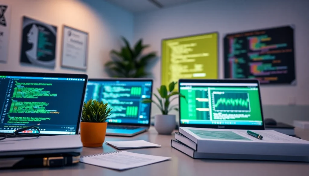 Software engineering workspace with coding interfaces and modern technology.