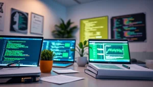 Software engineering workspace with coding interfaces and modern technology.