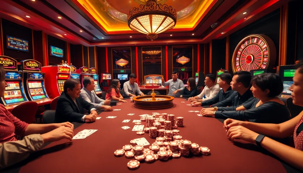 Experience the excitement of Lucky.win with a luxurious casino atmosphere featuring poker games and vibrant slot machines.