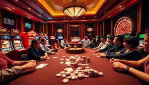 Experience the excitement of Lucky.win with a luxurious casino atmosphere featuring poker games and vibrant slot machines.