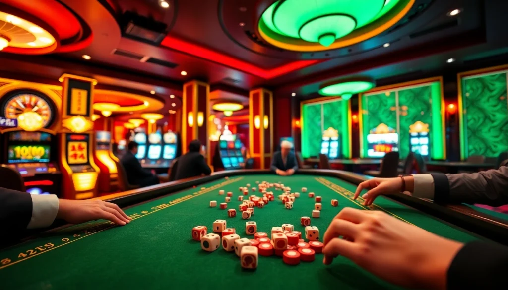 Tài Xỉu MD5 players engaging in an exciting high-stakes game with vibrant casino elements.