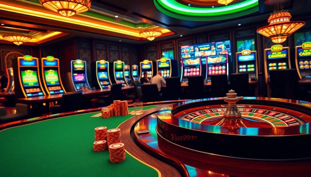 Action-packed scene of players engaging with vua99 online gambling, featuring vibrant casino elements.