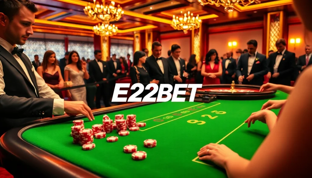 E2BET casino table featuring poker chips and cards, evoking excitement and luxury.
