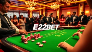 E2BET casino table featuring poker chips and cards, evoking excitement and luxury.