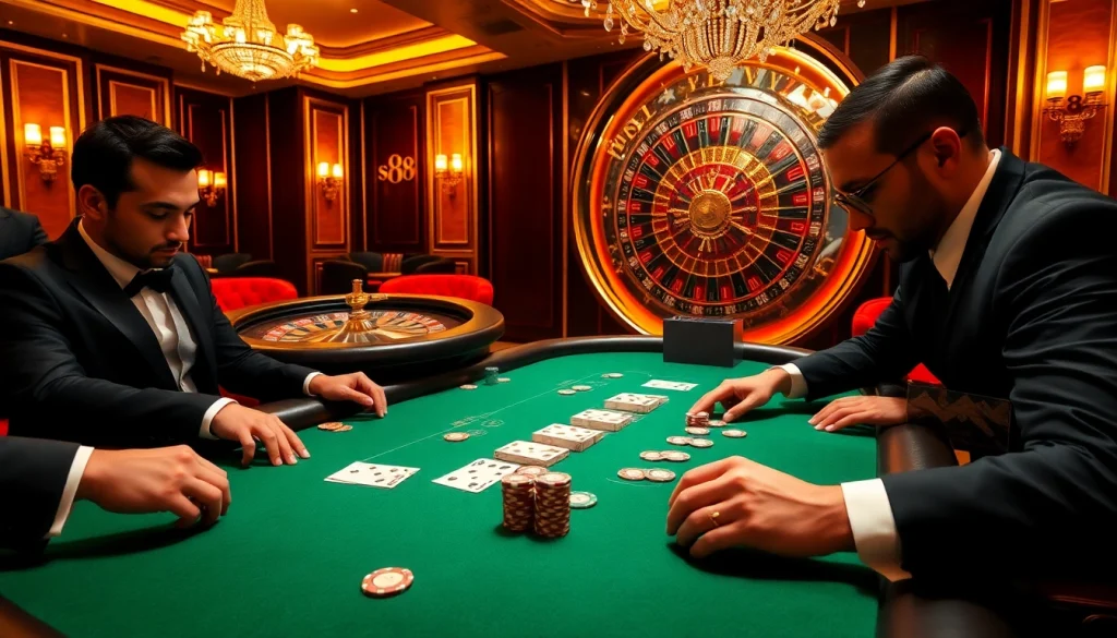 Experience the thrill of high-stakes gambling at the s88 poker table with focused players and elegant surroundings.