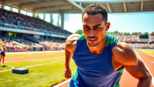 Movenetics athlete demonstrating peak performance in motion on a vibrant track field.