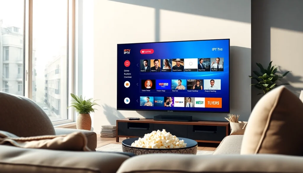 teste IPTV exibido em uma smart TV elegante em uma sala de estar moderna.