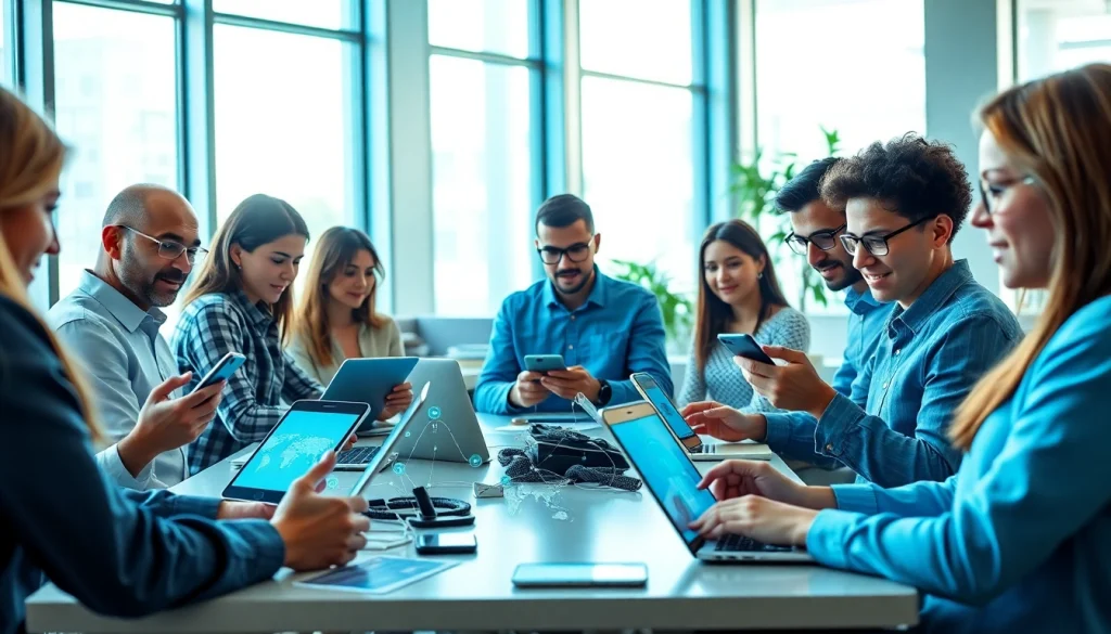 快连下载 app showcased in a modern workspace with users on multiple devices, symbolizing connectivity and innovation.