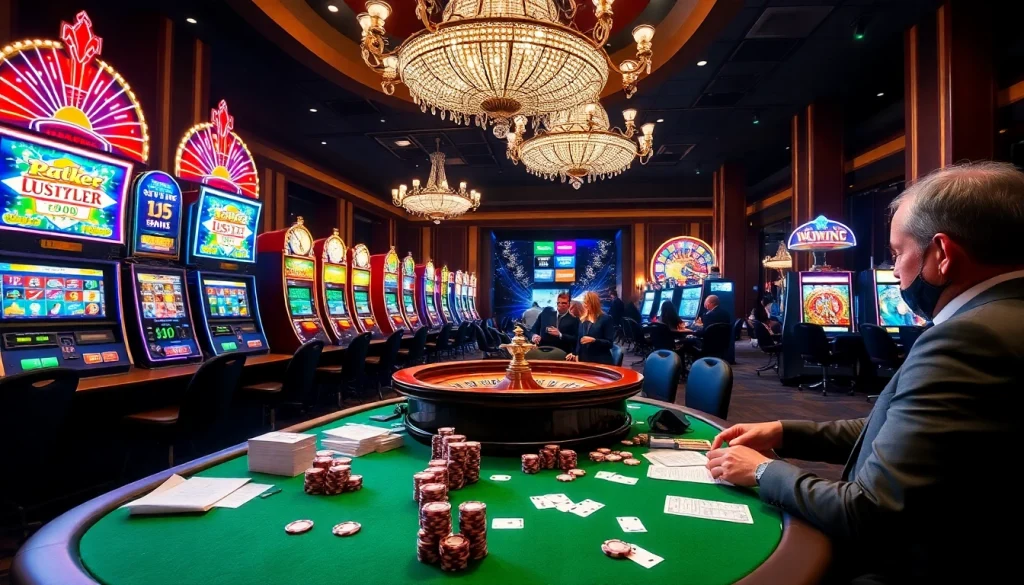 Engage with LUCKYWIN at an exciting casino showcasing slot machines and roulette tables.
