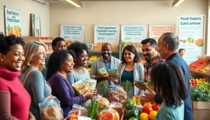 Community members receiving help at Food Banks with diverse volunteers and fresh produce.